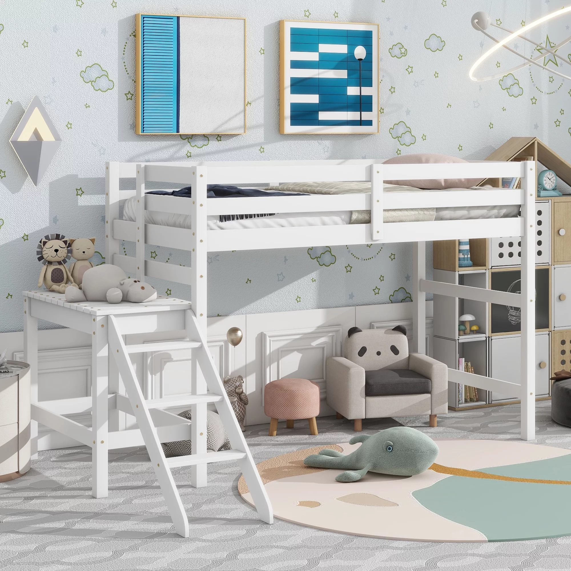 Gewnee Pine Wood Twin Size Loft Bed with Platform, Ladder and Safety Guardrails for Kid's Room,White
