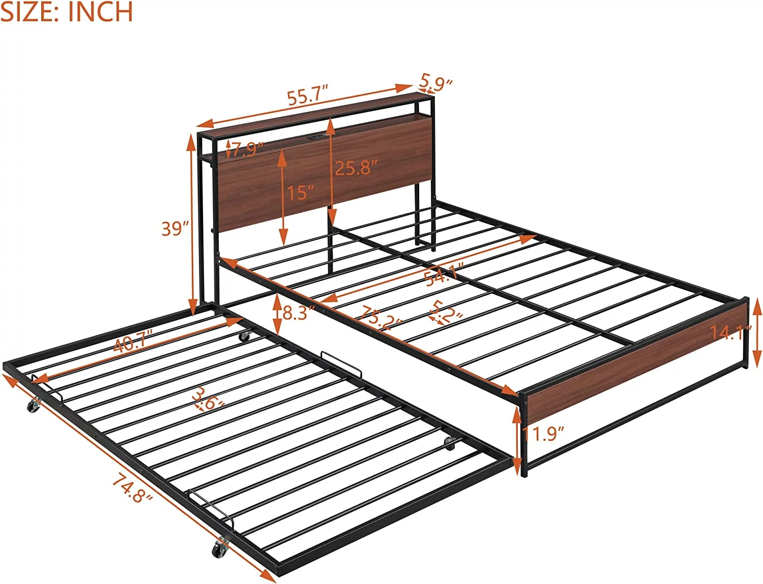 Full Bed Frame with Trundle and Outlet & USB Ports Metal Platform Bed with Wooden Storage Headboard, Full Size Metal Panel Bed with with Shelf, Noise-Free, No Box Spring Needed