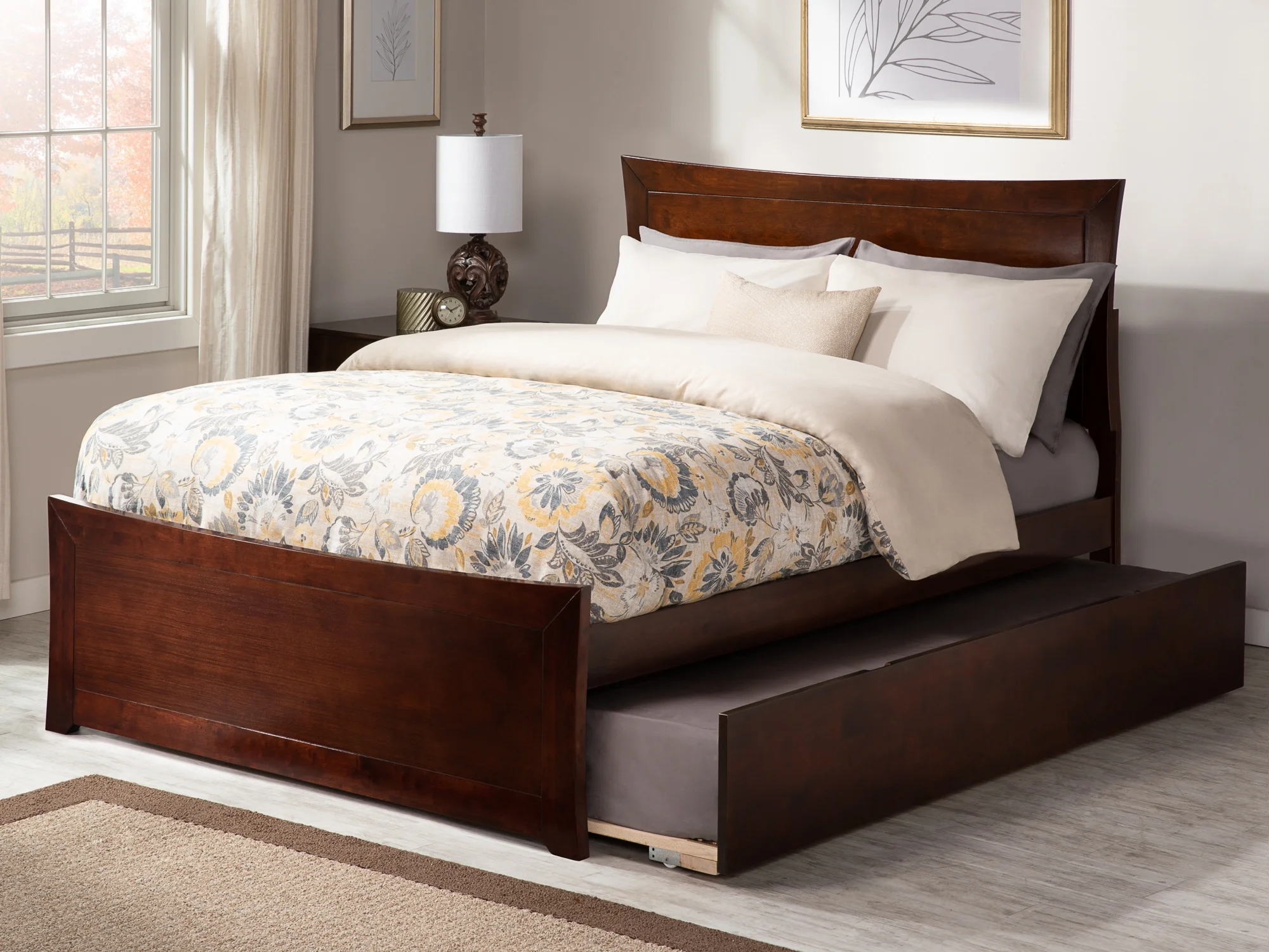 Metro Full Platform Bed with Matching Foot Board with Full Size Urban Trundle Bed in Walnut
