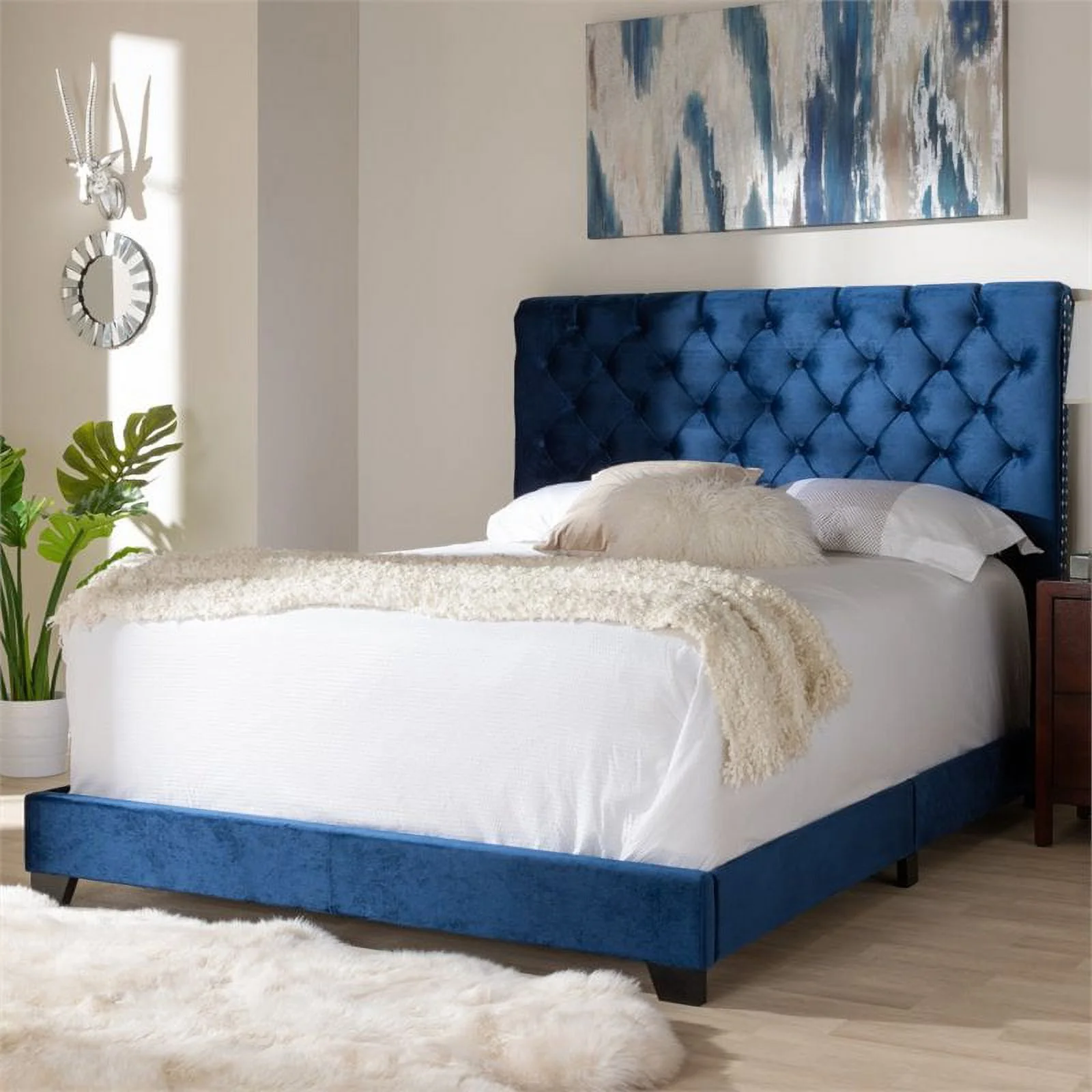 Allora Velvet Modern Button Tufted Velvet Fabric King Bed in Navy Blue