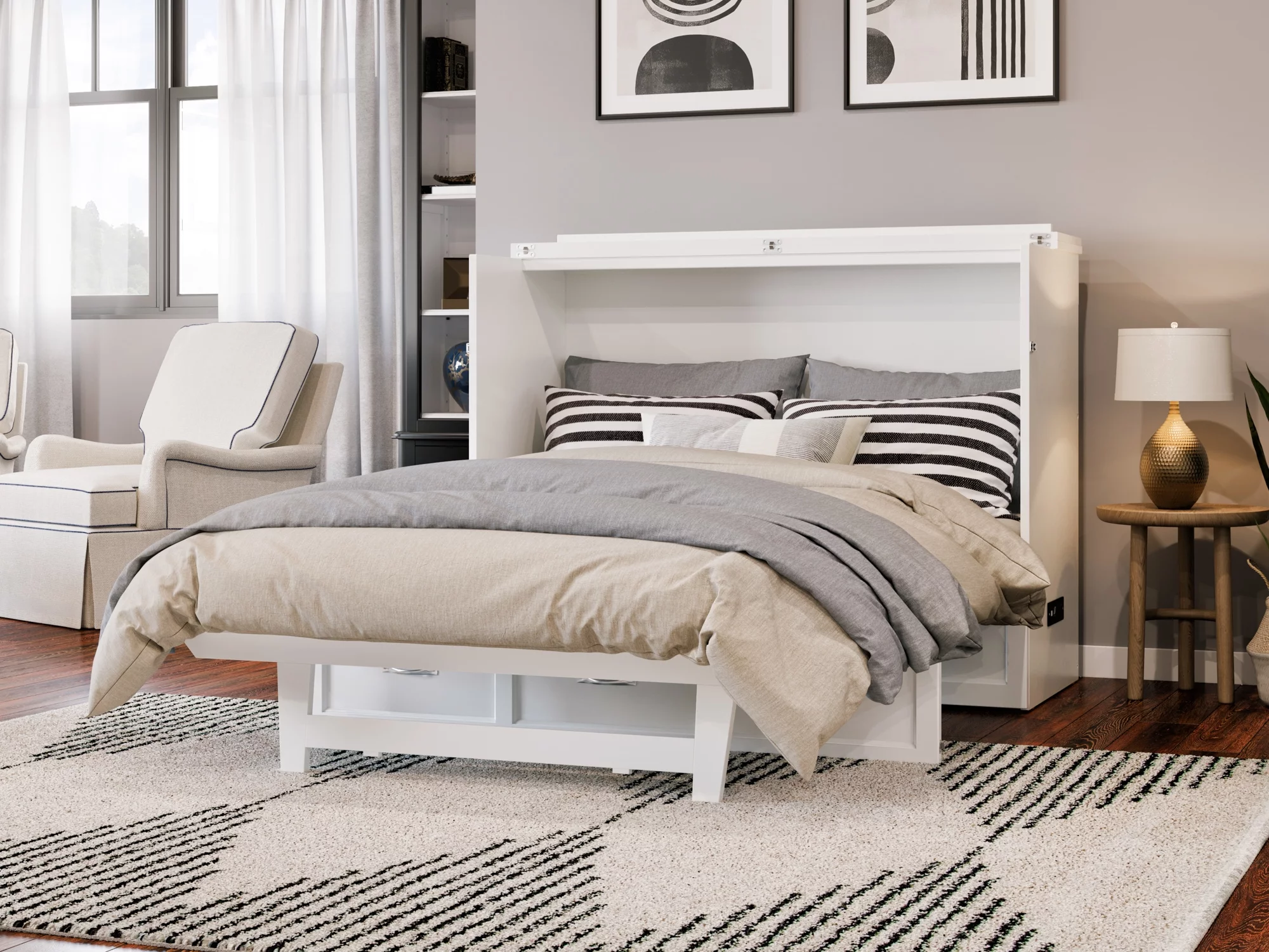 AFI Northfield Full Solid Wood Murphy Bed Chest with Mattress, Drawer & Charger, White