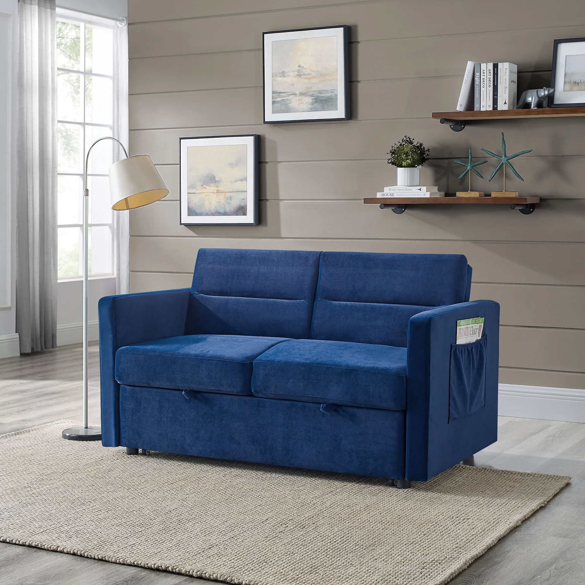 Euroco Loveseats Sofa Bed with Pull-out Bed, Adjustable Back and Two Arm Pocket, Blue