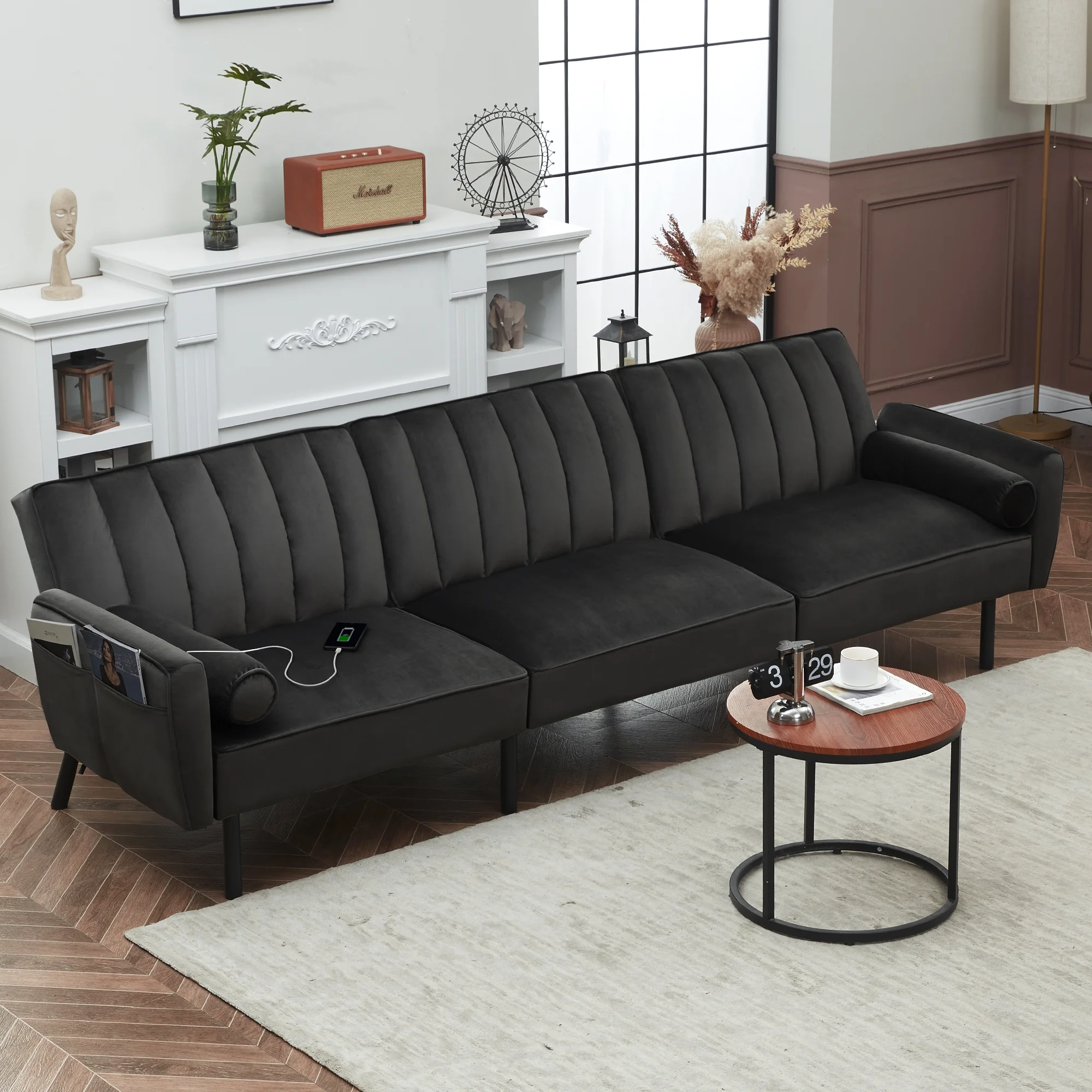 DURASPACE Sectional Couch, Convertible Sofa with Adjustable Backrest, Velvet Sleep Sofa Bed with USB Charge for Living Room Charcoal Grey