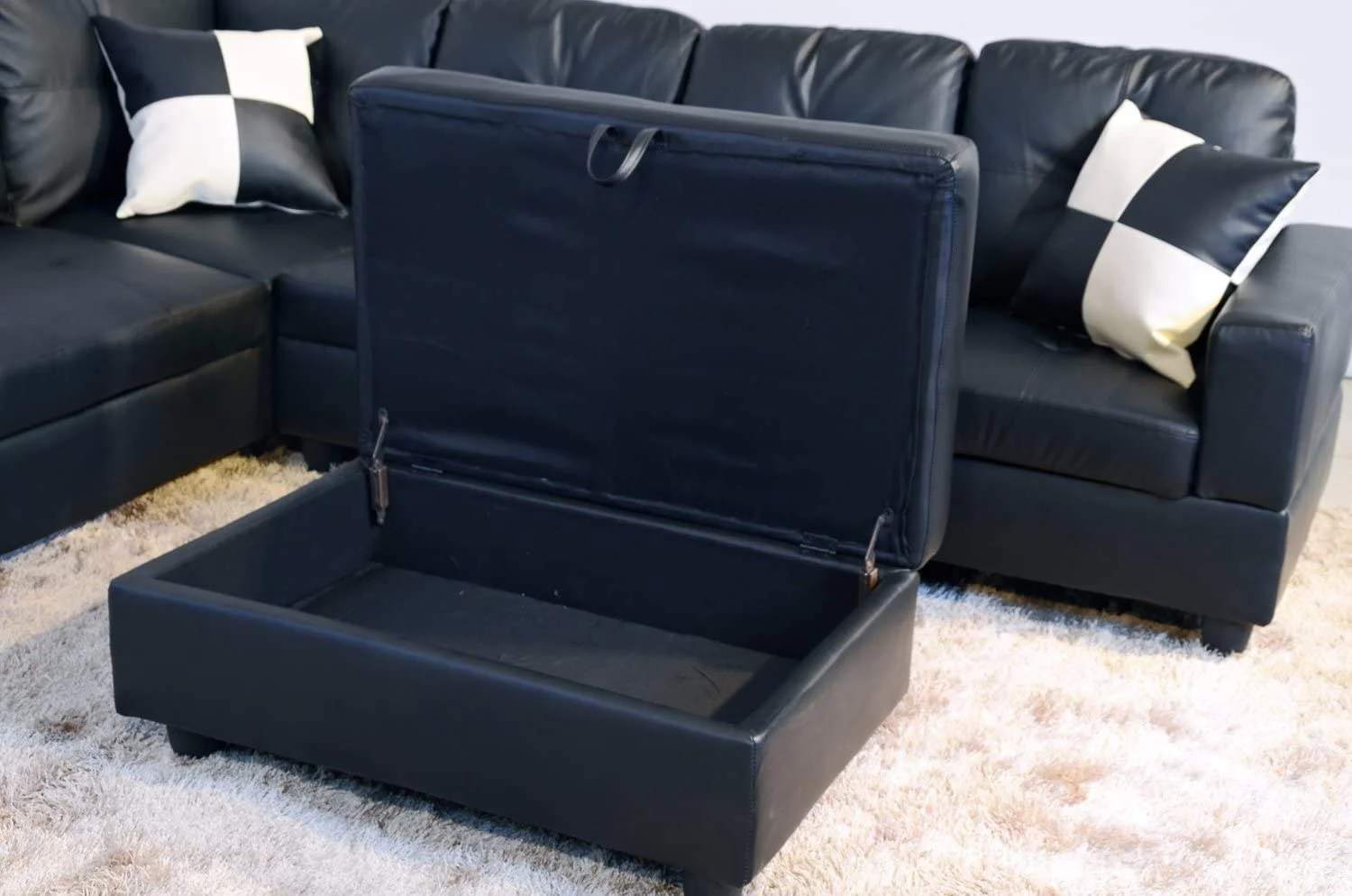 Ainehome Faux Leather Storage Ottoman Bench Rectangular Footrest with Foam Padded Seat, Black