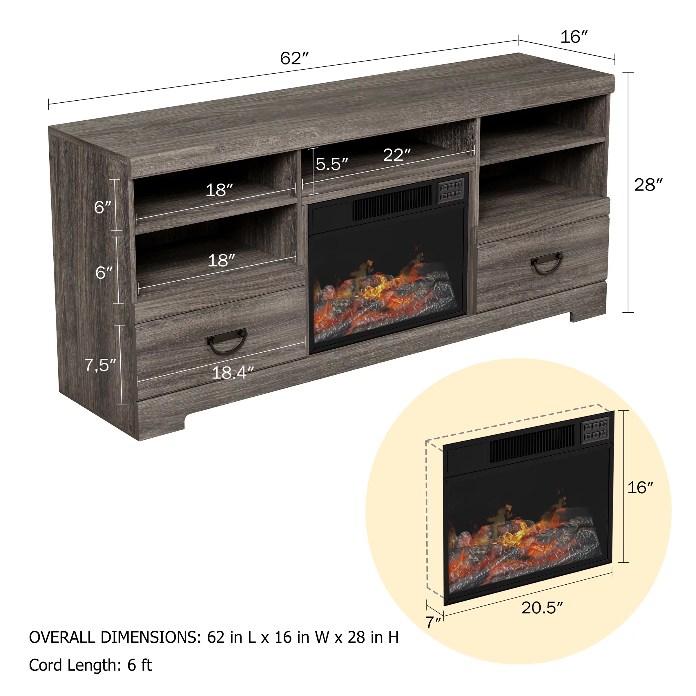 Northwest Fireplace TV Stand for TVs up to 65