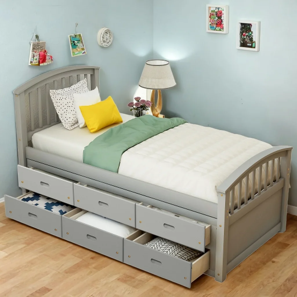 Twin Size Platform Storage Bed Solid Wood Bed with 6 Drawers Comfort Bed for Bedroom (Gray)