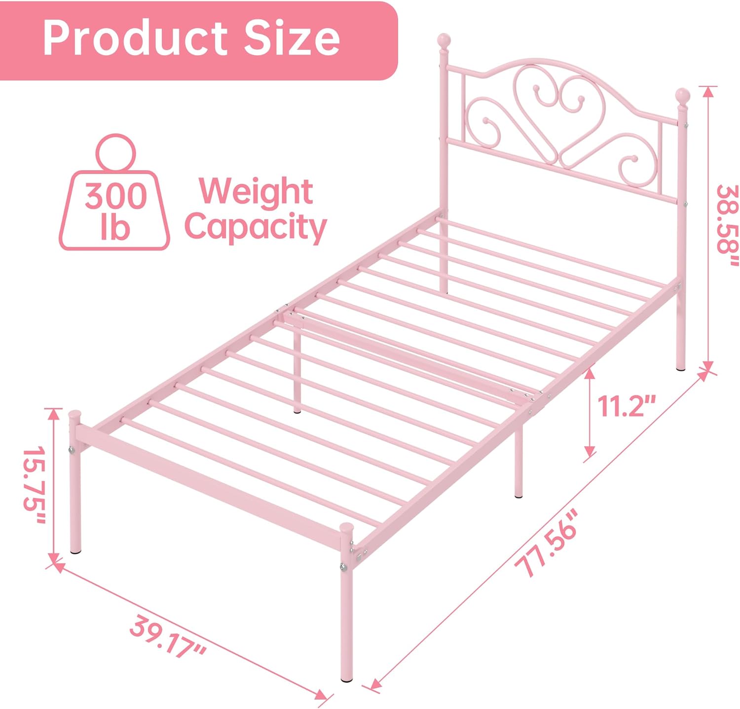 FJU Twin Bed Frames with , Heavy Duty Metal Platform Bed Space Easy Assembly for Kids Adults, Pink