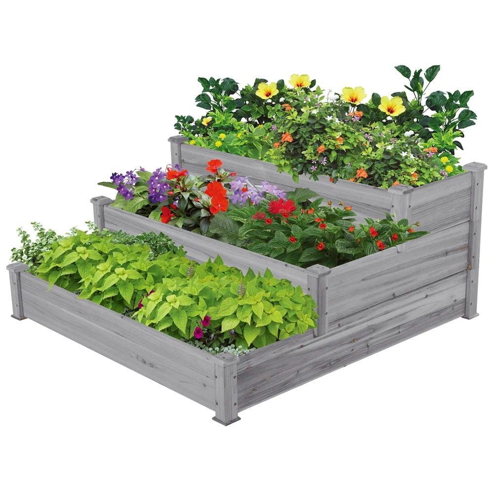 Easyfashion 3 Tier Raised Garden Bed Elevated Planter, Gray