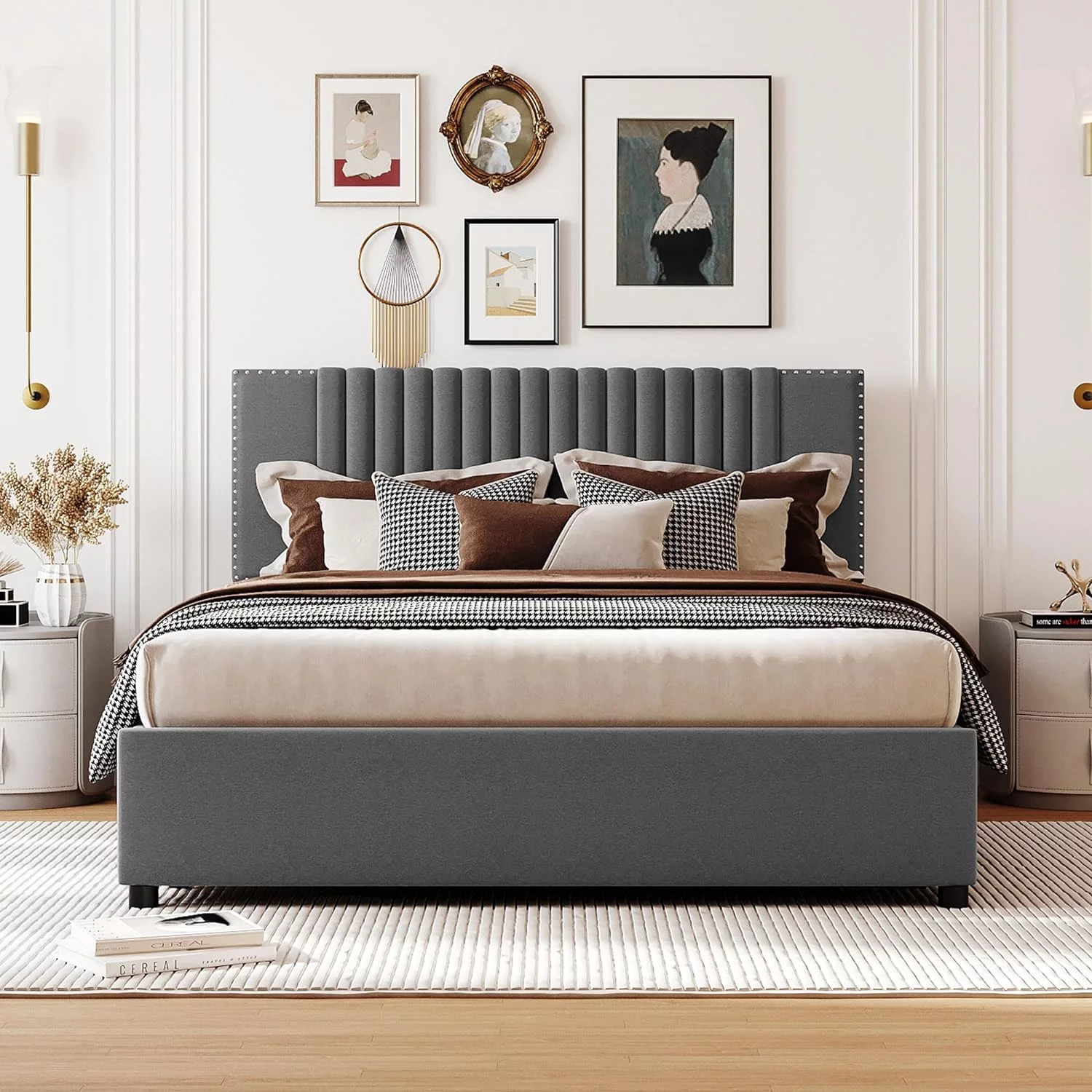 Queen Bed With 4 Storage Drawers, Deluxe Upholstered Platform Bed With Headboard And Footboard, No Box Spring Needed/Easy Assembly (Queen Size, Linen Gray)
