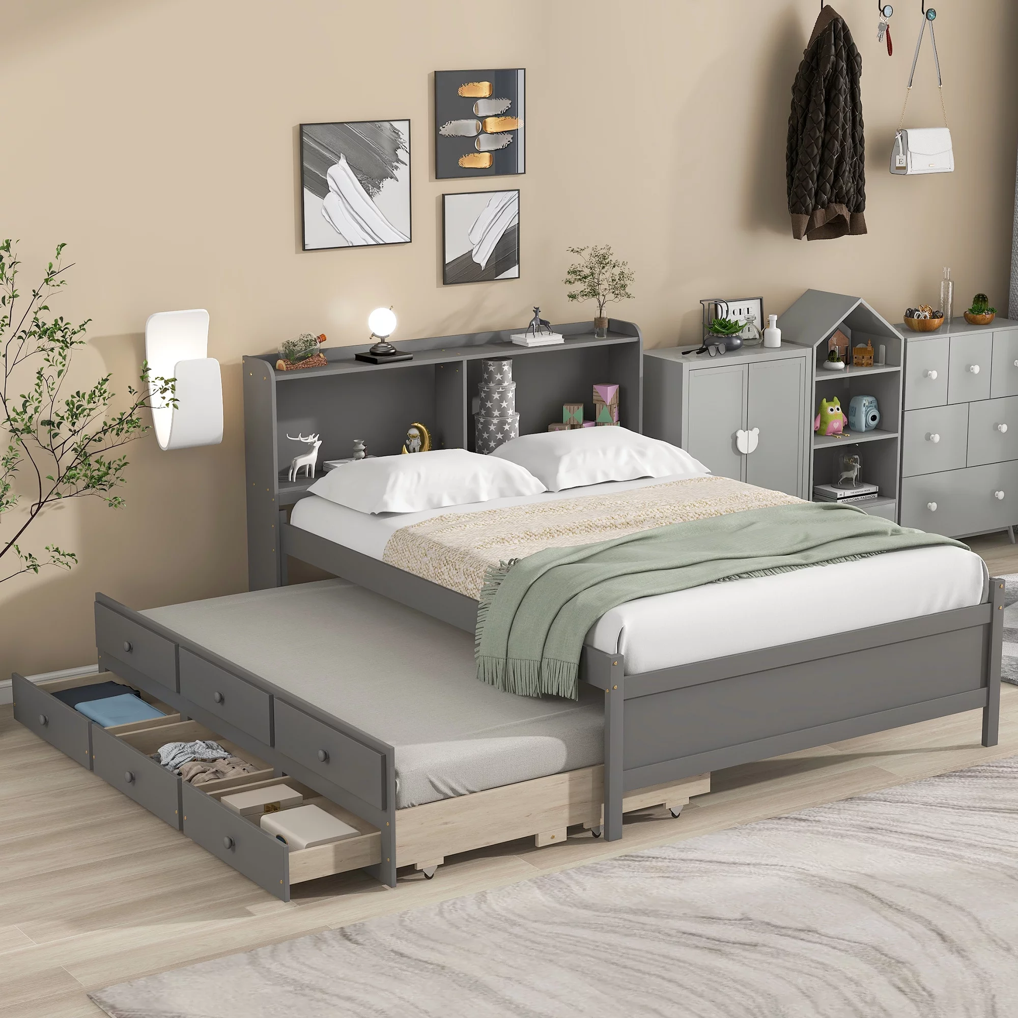 Dawn Whisper Full Bed with Bookcase, Twin Trundle, Drawers, Gray