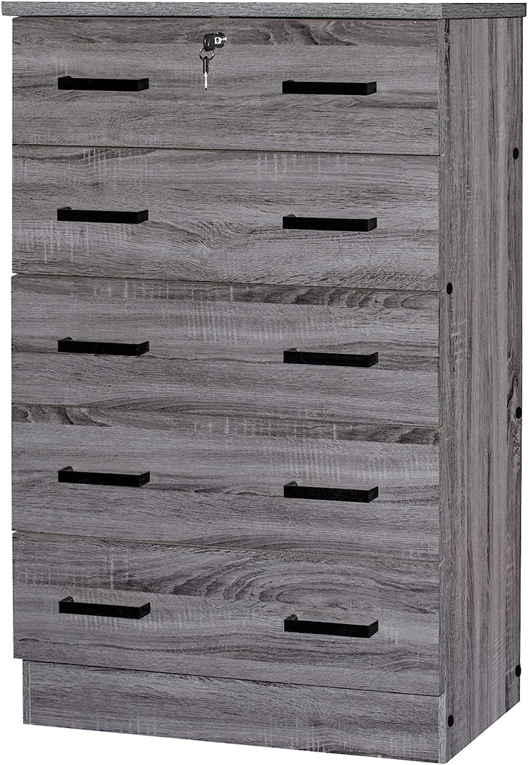 Popular 5 Drawer Chest Wooden Dresser with Lock (Grey)