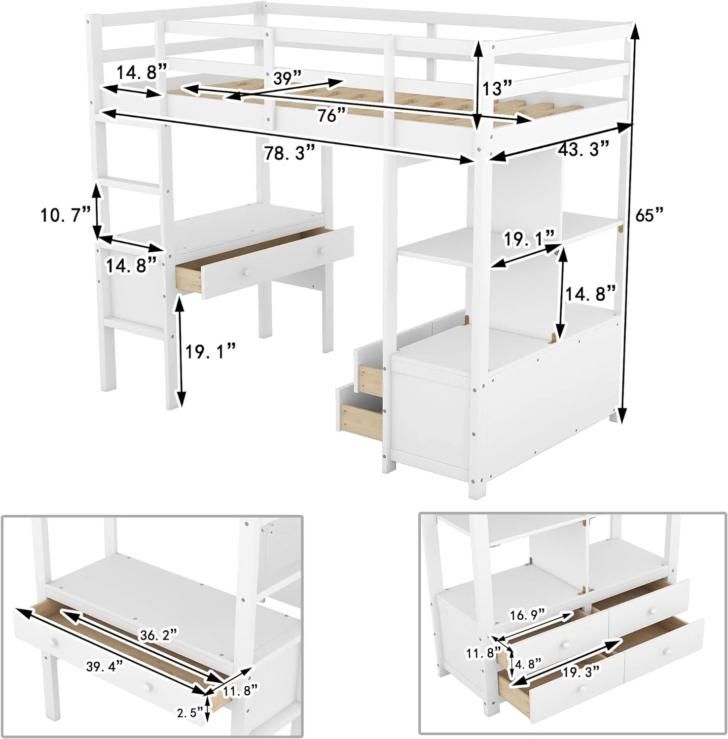Size Loft Bed With Desk Ad Storage, Solid Wood Loft Bed With Storage Shelves Ad Drawers For Girls Boys Tees Adults,o Box Sprig eeded (,White)