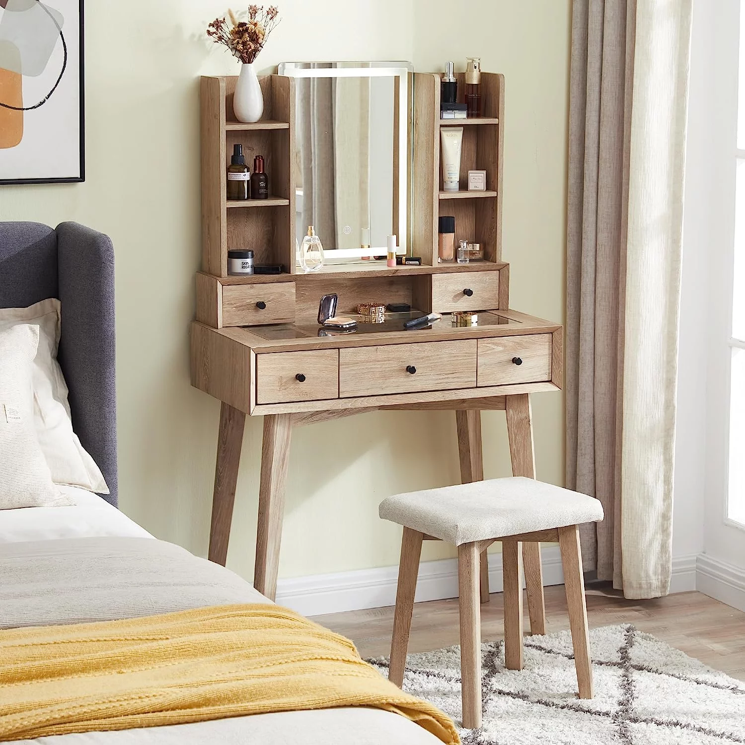 OKD Makeup Vanity Table Set with Lighted Mirror, Makeup Vanity Desk with Storage Shelf and 5 Drawers, Bedroom Dressing Table with Glass Table Top, Natural Oak