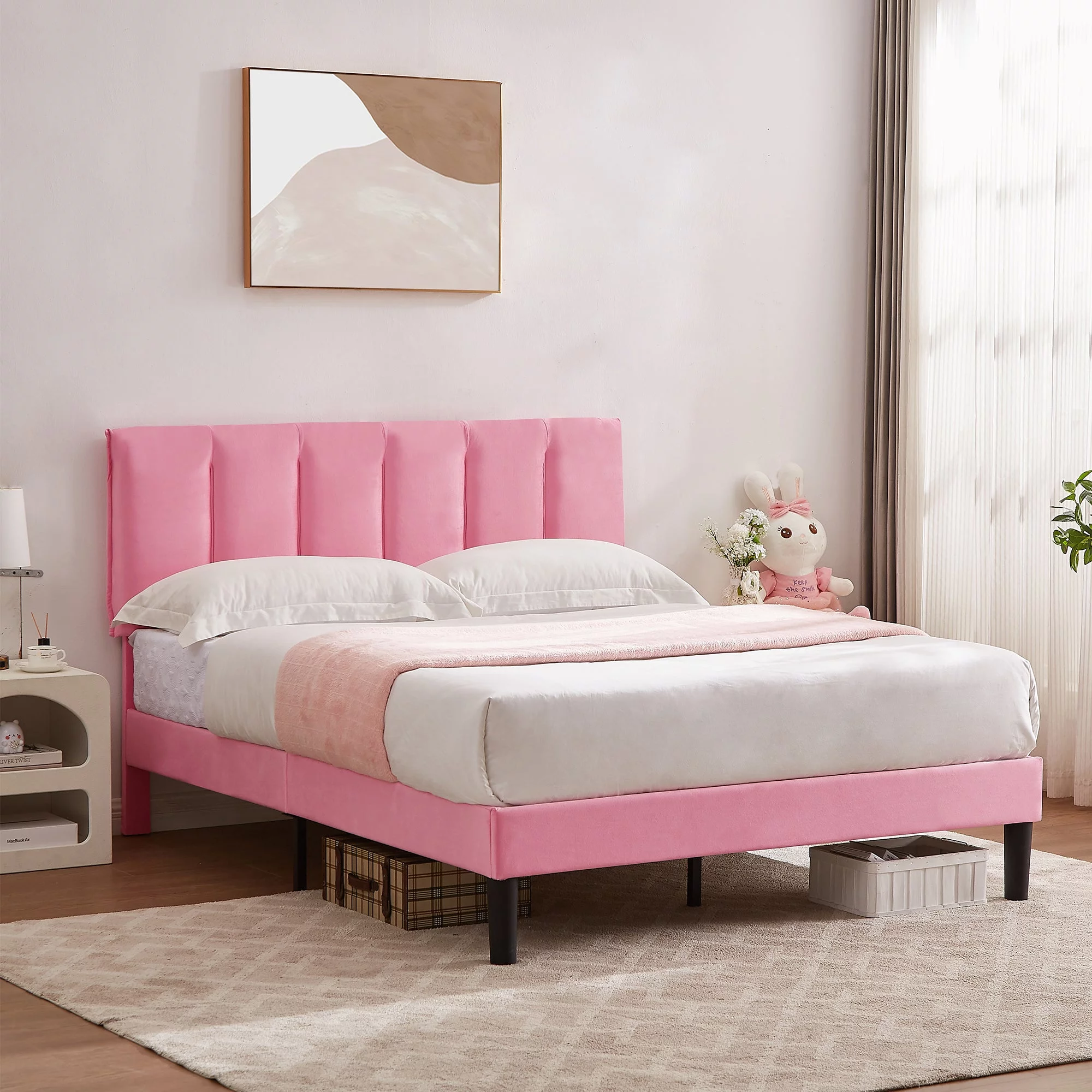 VECELO Queen Size Upholstered Platform Bed Frame, Adjustable Headboard and Wooden Slats Support, No Box Spring Needed/Easy Assembly, Pink