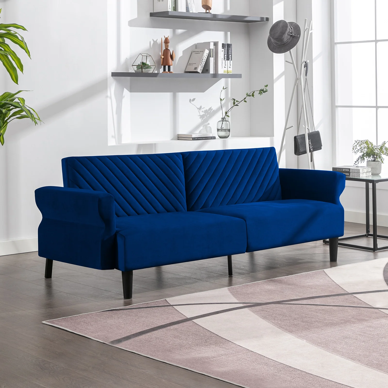 MUZZ Mid-century Convertible Velvet Sleeper Sofa with Adjustable Armrests and Backrests for Small Place/Apartment/Living Room (Navy Blue)