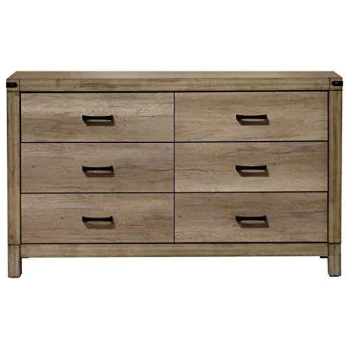 Benjara BM215285 6 Drawer Dresser with Metal Pulls & Block Legs, Light Brown