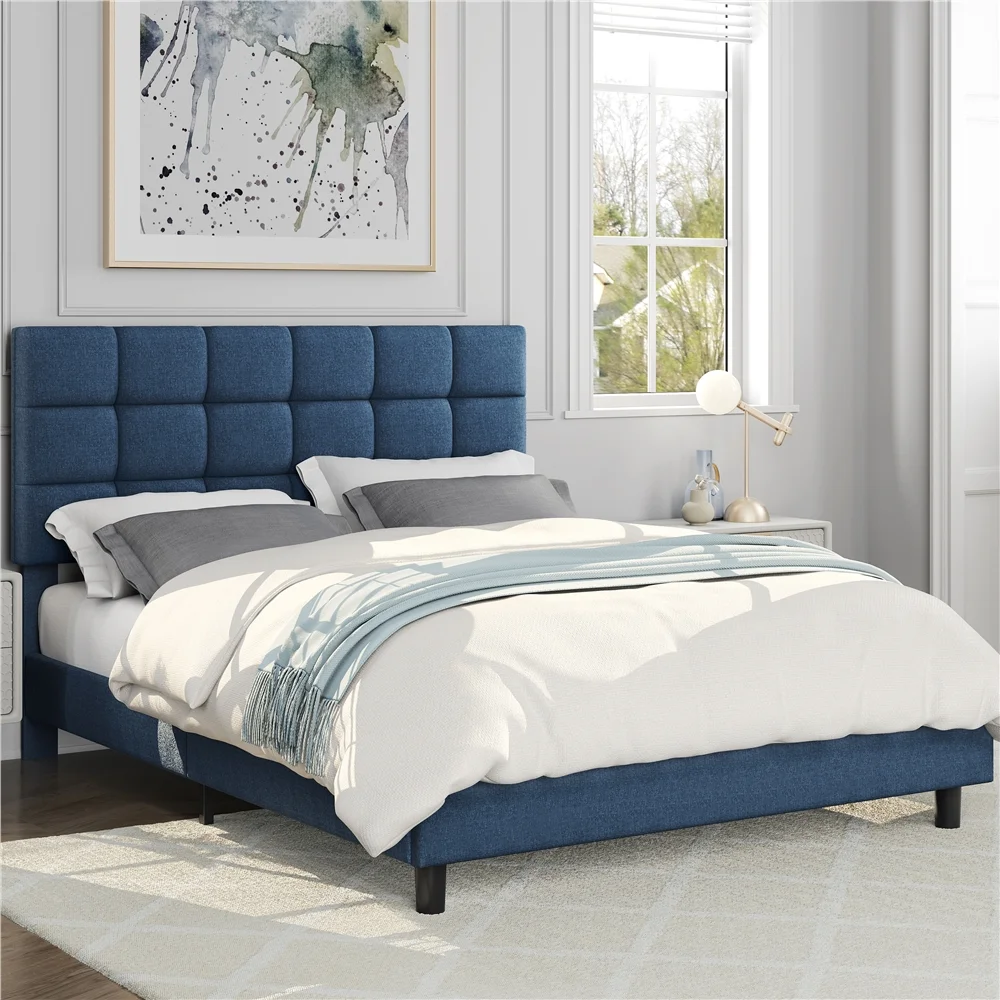 Yaheetech Modern Upholstered Platform Bed with Adjustable Tufted Headboard, Full Size, Navy Blue
