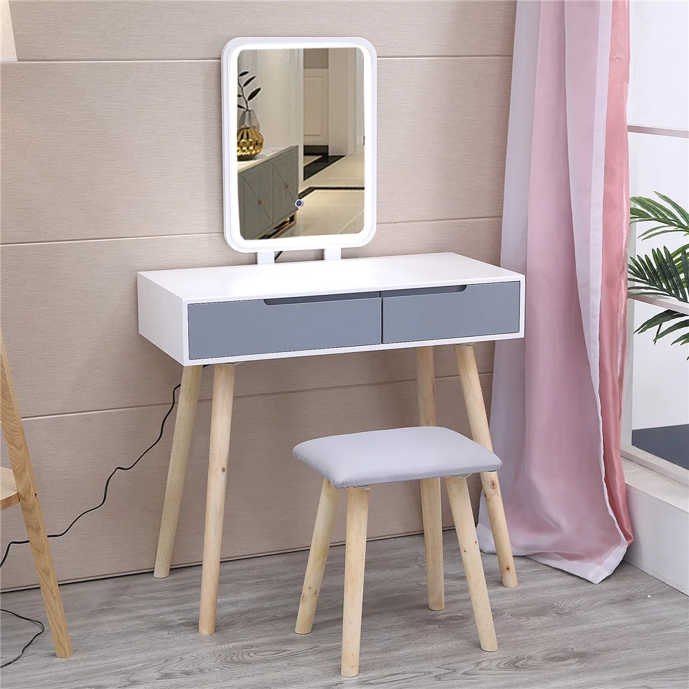 Ktaxon Vanity Set with Rectangle Lighted Mirror, Makeup Dressing Table with LED Light Cushioned Stool Set,Bedroom Vanities Set White