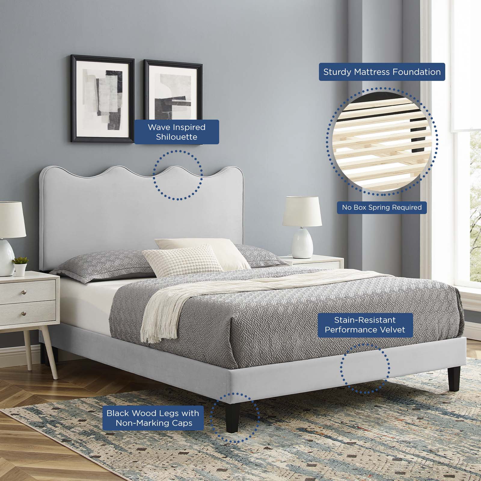 Platform Bed Frame, Twin Size, Grey Gray, Velvet, Modern Contemporary, Bedroom Master Guest Suite Room