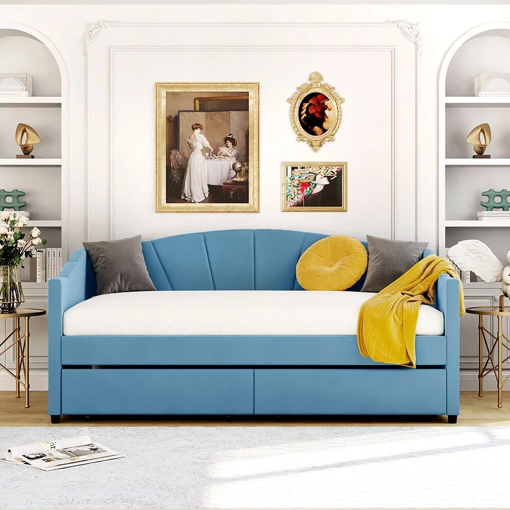 Twin Size Upholstered Daybed with Two Drawers and Wood Slat Support Blue