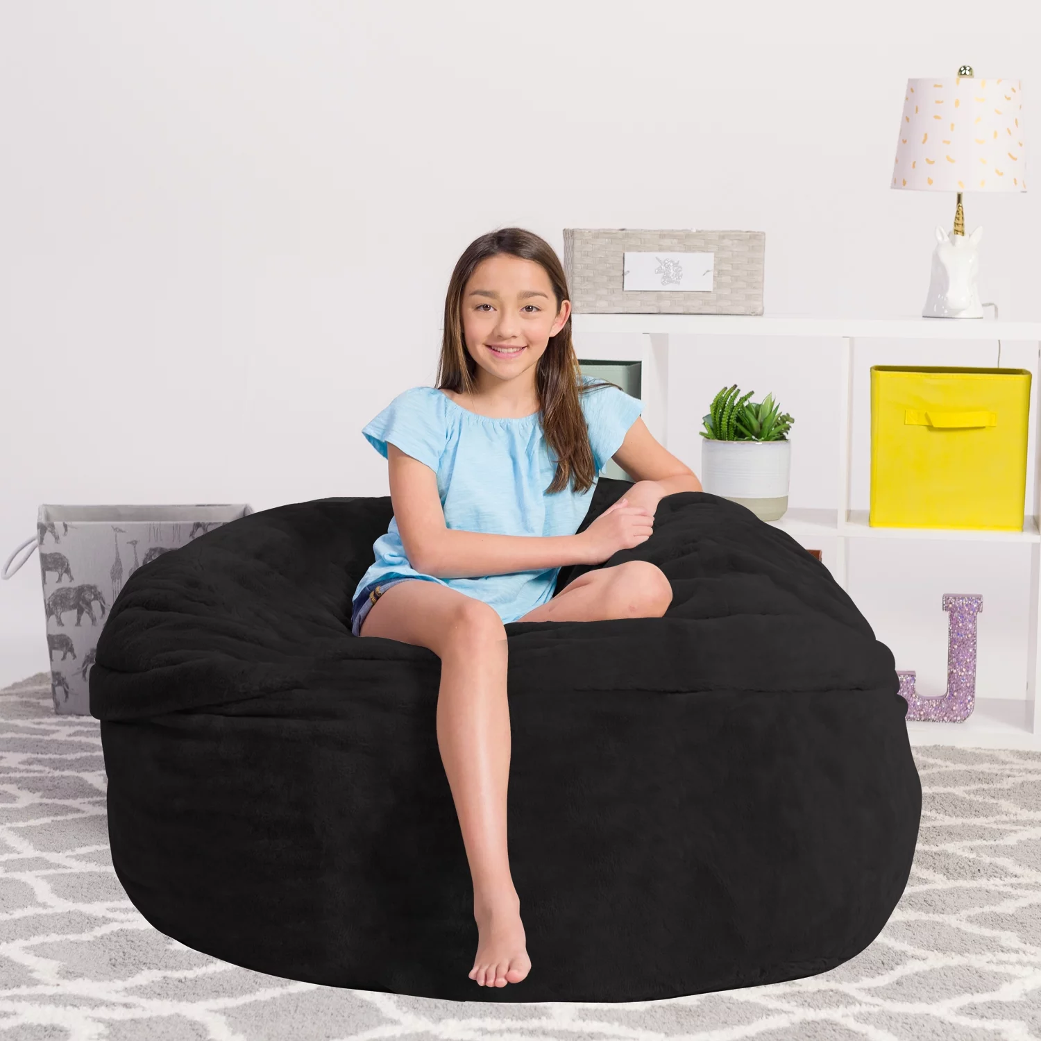 Chill Sack Bean Bag Chair, Faux Rabbit Fur with Memory Foam Fill, 5 ft, Black