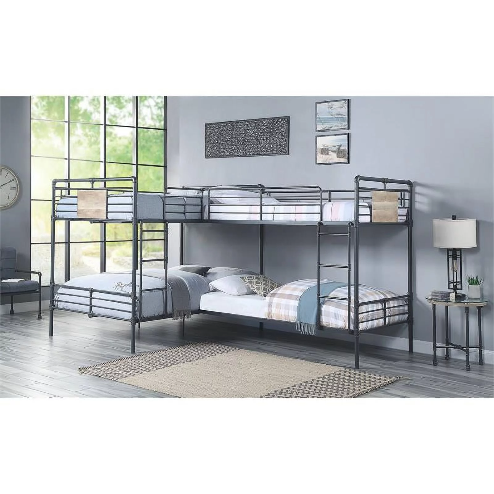 Bowery Hill Contemporary Metal Twin Full L Shape Bunk Bed in Bronze/Sandy Black