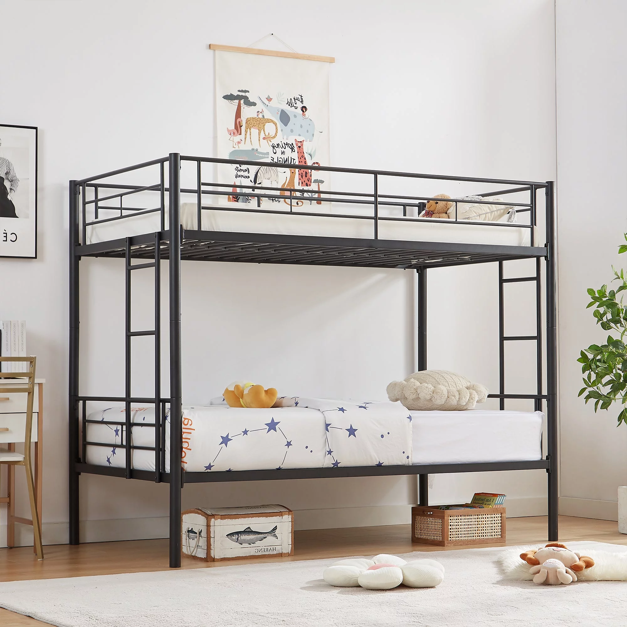 VECELO Metal Twin Over Twin Bunk Beds with Double Sided Ladder and Full-Length Guardrail, Heavy Duty Metal Bed Frame for Kids Boys Girls Teens Adults, No Box Spring Needed, Black