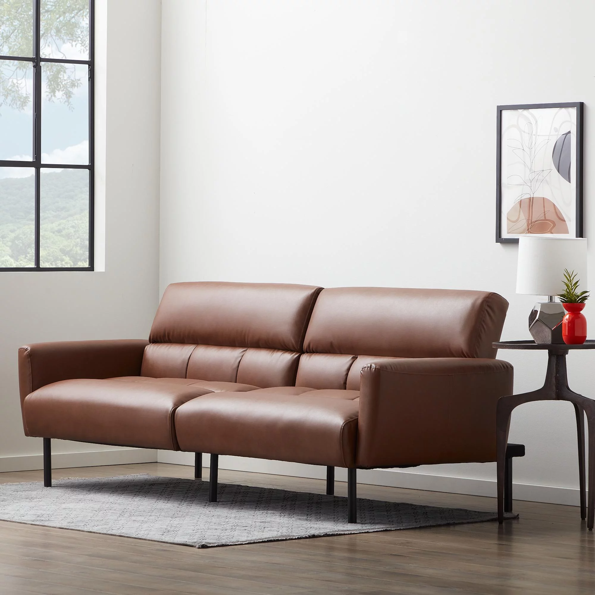 Mayview Sofa Bed with Box Tufting and Removable Arms, Brown Faux Leather