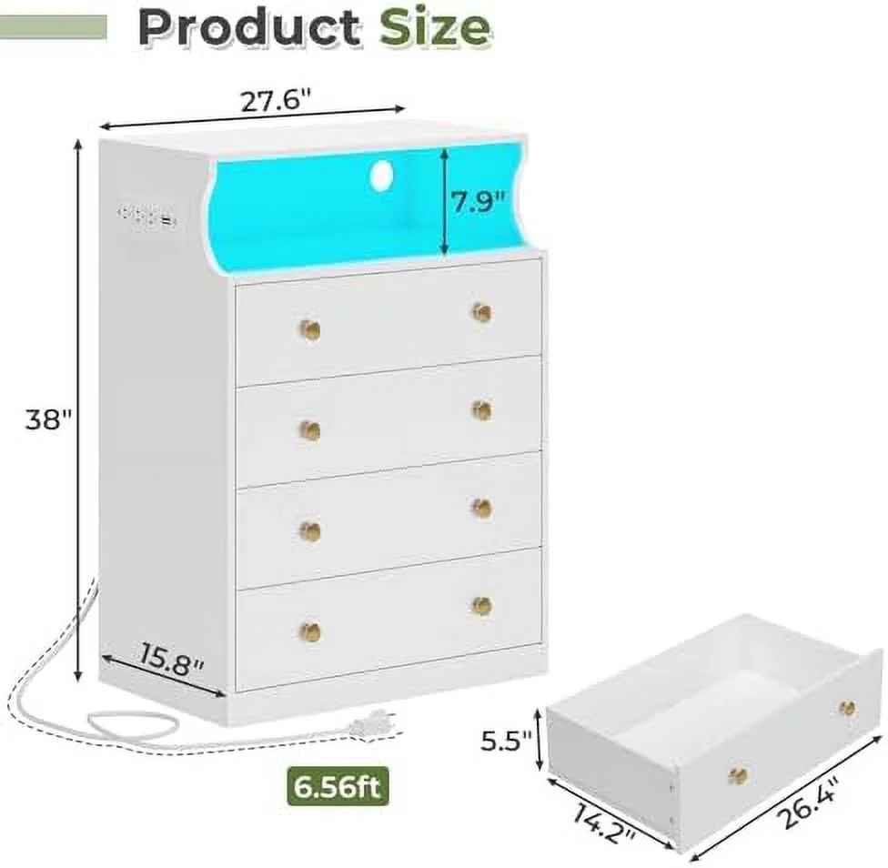 KHBIULIFE White Dresser with Charging Station  LED Dresser with 4 Large Drawers  Chest of Drawers with Open Space  Large Capacity Tall  Cabinet  White Dresser for Bedroom