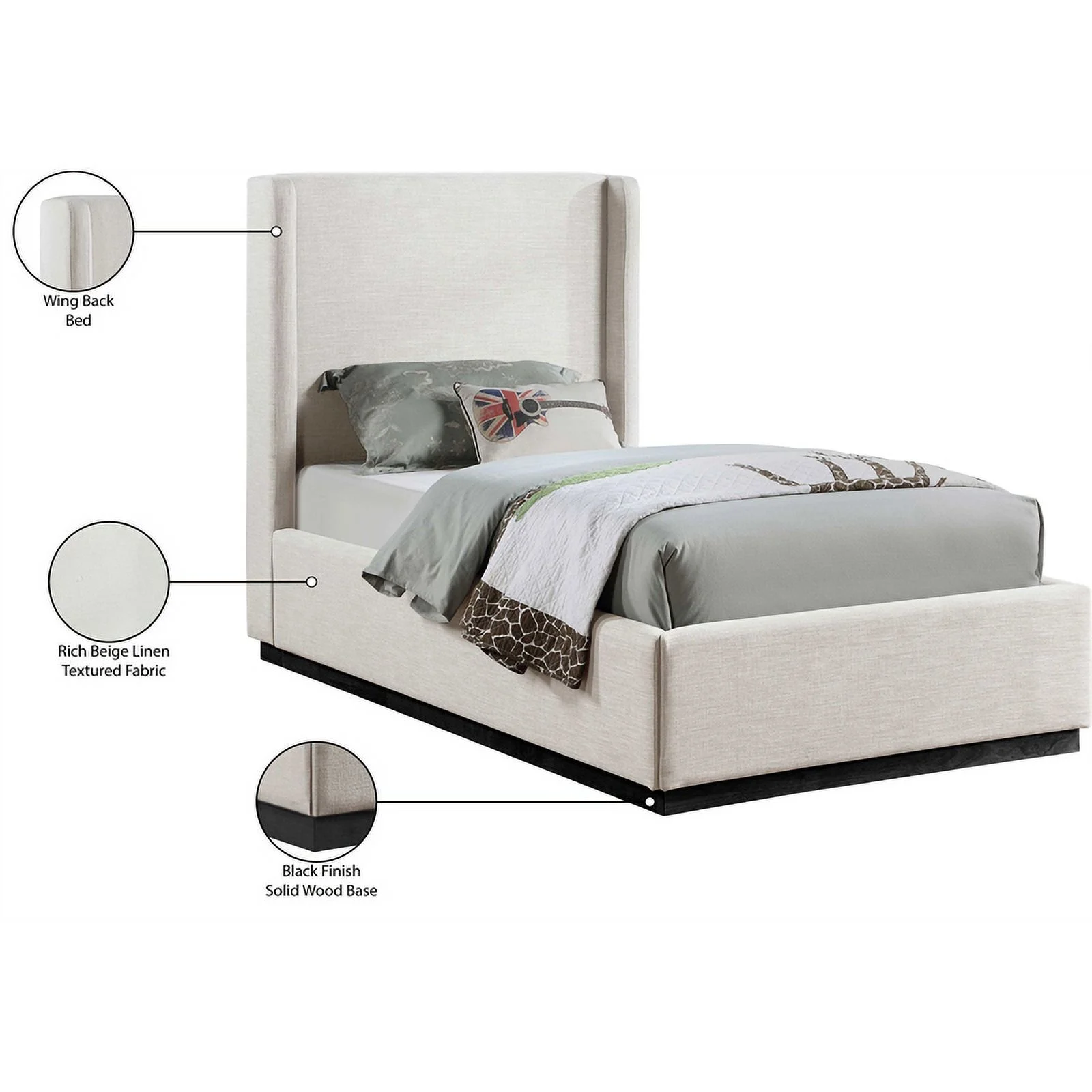 Meridian Furniture Flynn Beige Linen Textured Fabric Twin Bed
