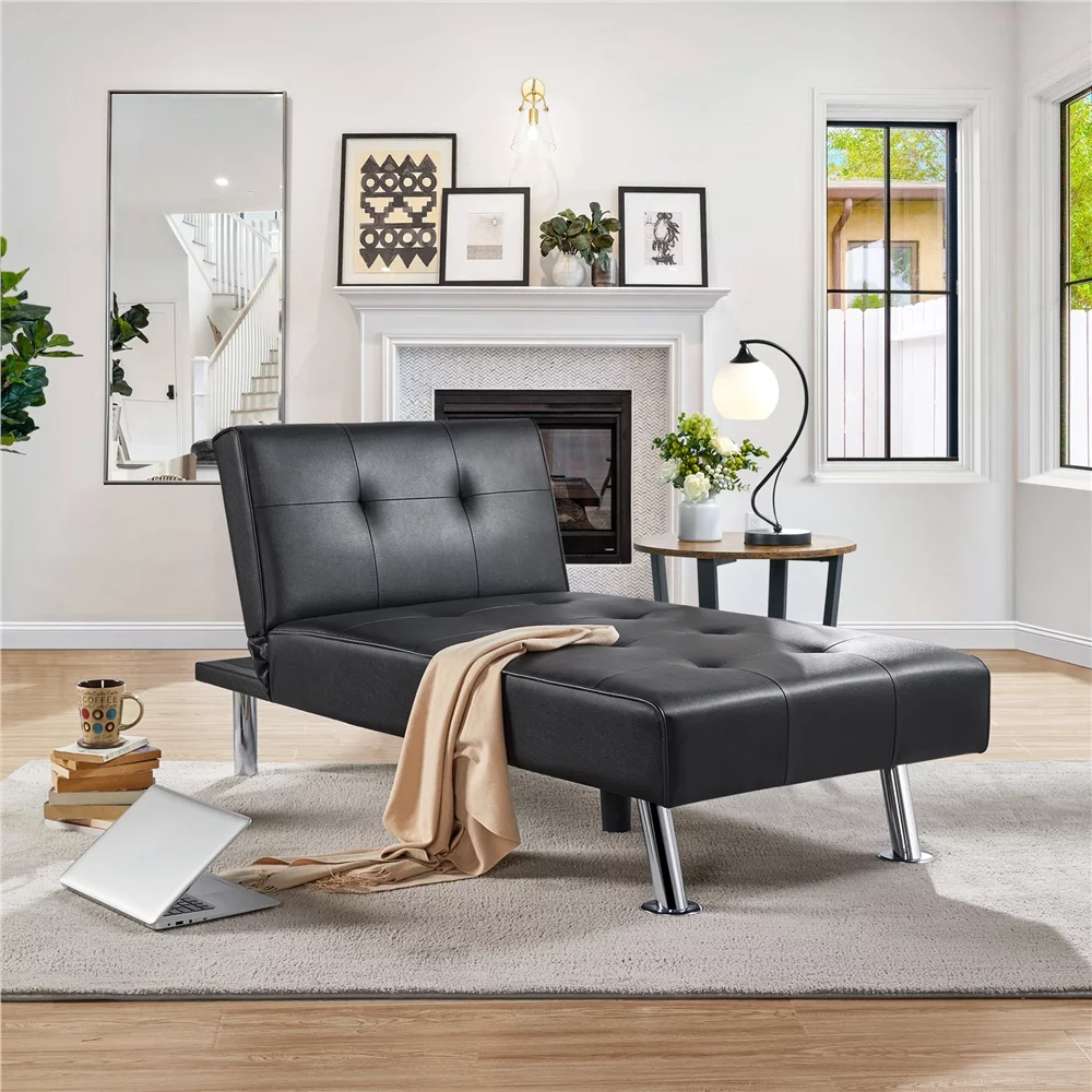 Yaheetech Faux Leather Chaise Lounge Convertible Futon Daybed With Chrome Metal Legs, Black