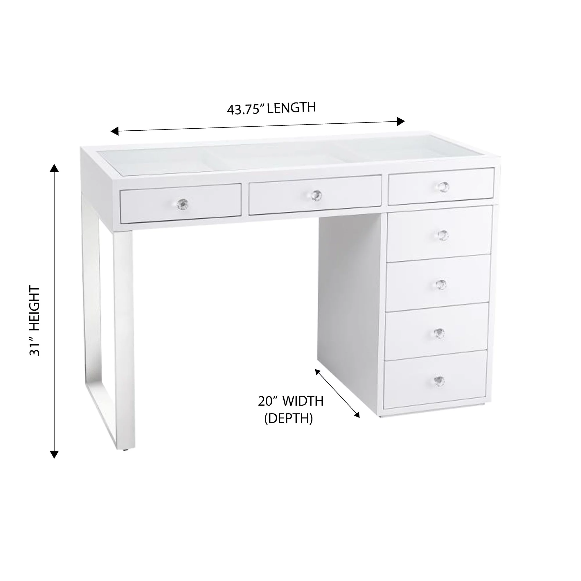 Impressions Vanity Desk, Mini SlayStation Kylie 1.0 Vanity Table with Clear Glass Top View and 7 Drawers for Dressing Room & Bedroom (White Mirrored)