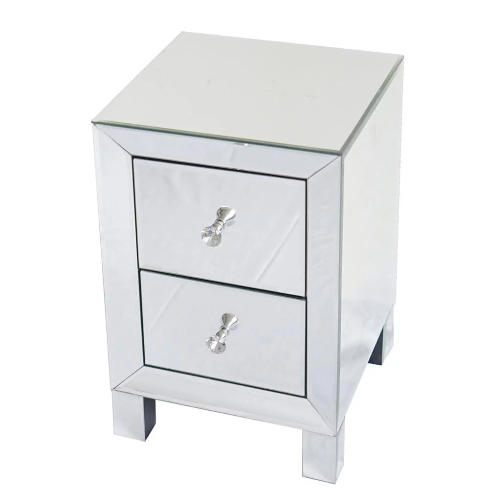 FCH Mirrored Glass Bedside Table, Nightstand With Two Drawers, End Table, Silver