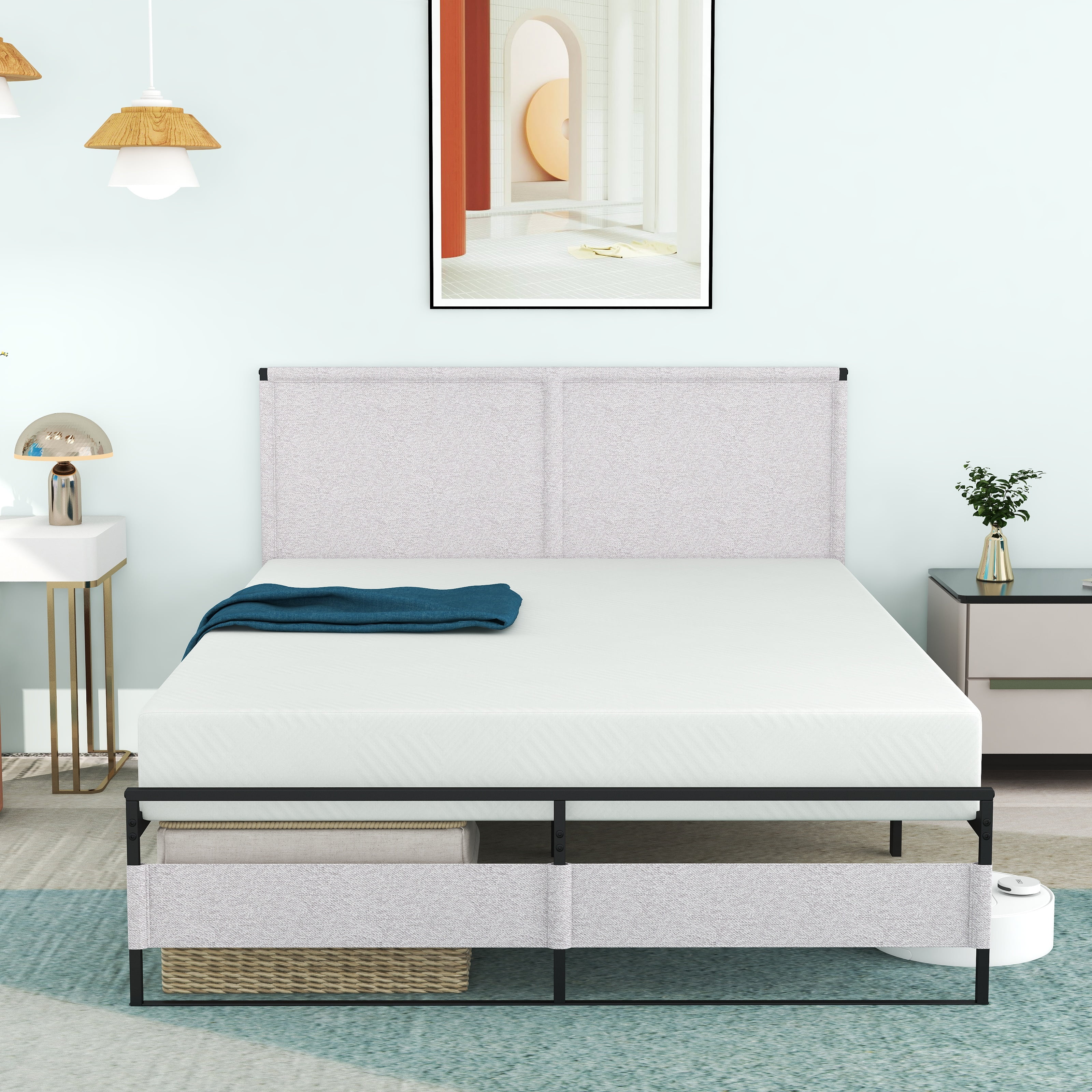 King Size Bed Frame with Headboard and Footboard, 14 inch Platform Bed Frame, Quick Install, Grey