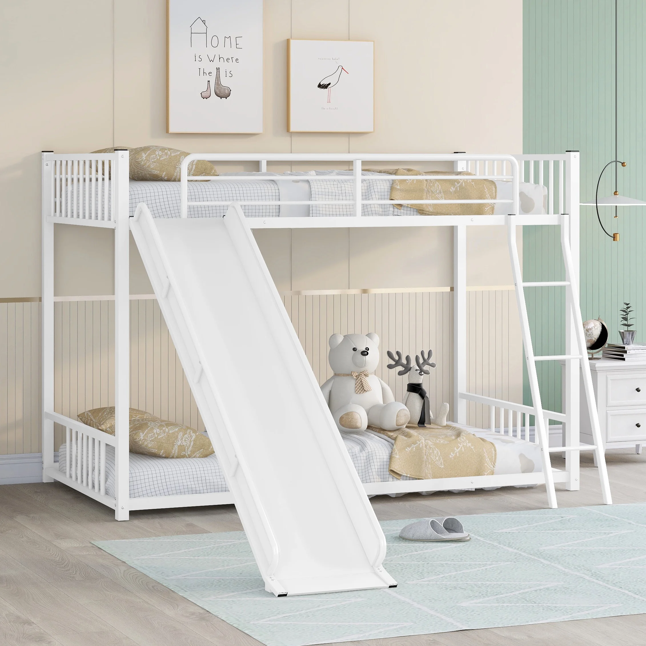 Bellemave Metal Bunk Bed with Slide, Low Twin Over Twin Bunk Bed Frame with Inclined Ladders for Kids Teens (White)