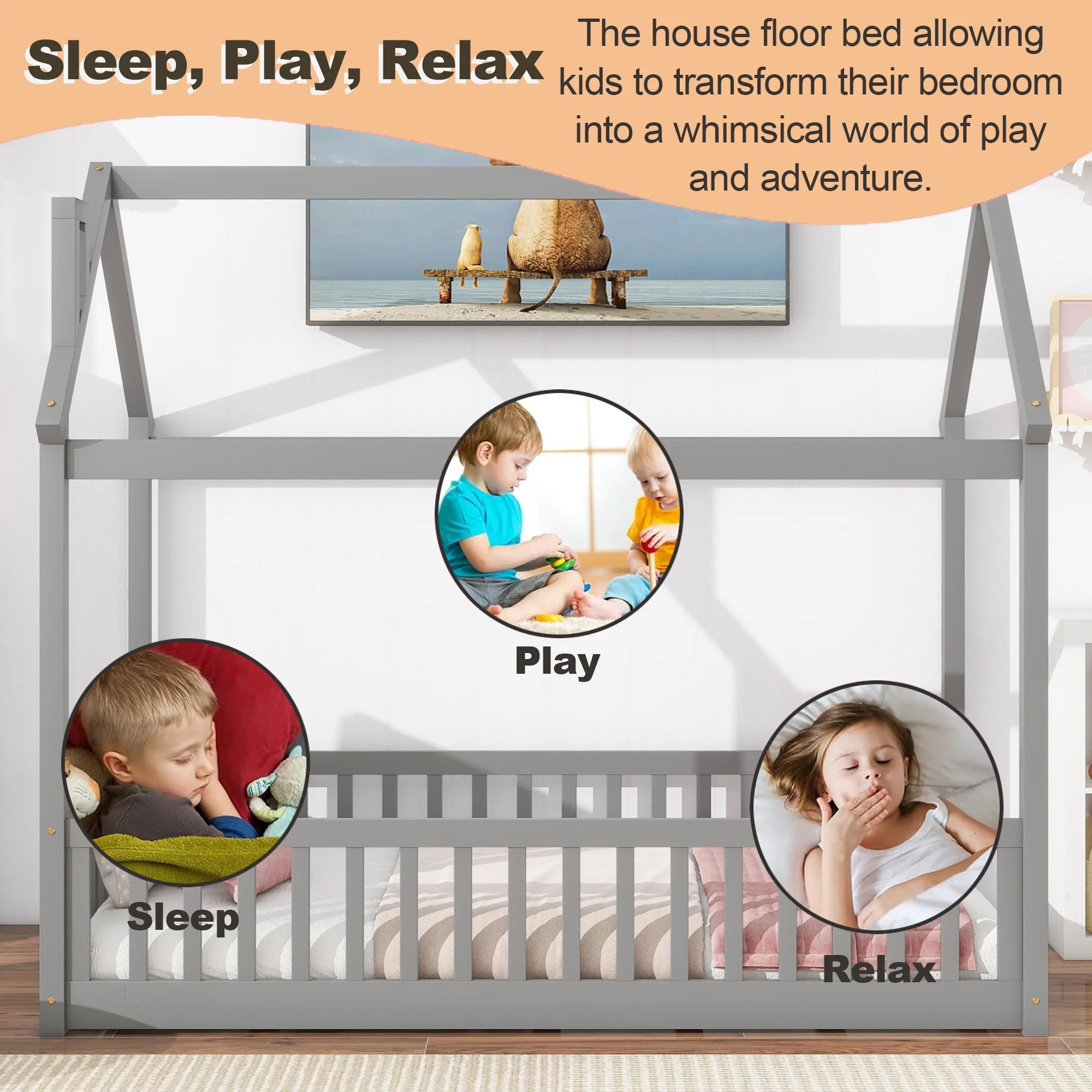 Bellemave Twin Floor Bed for Kids, Wood Twin Size Montessori House Bed with Rails, Toddler Bed Frame with Roof, No Box Spring Needed (Gray)