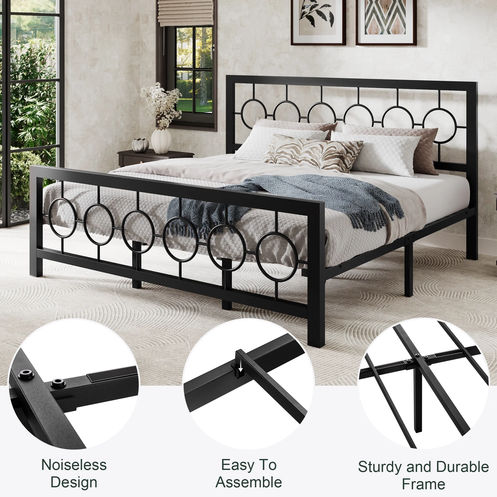 Amolife Black King Size Metal Platform Bed Frame with Circular Vintage Headboard & Footboard