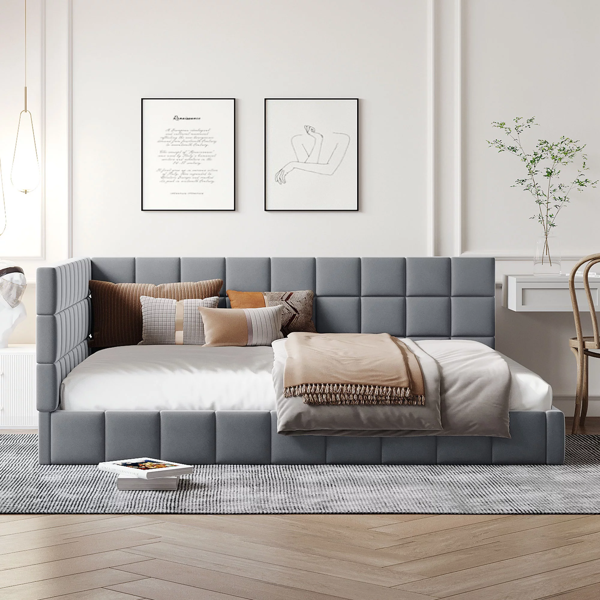 Bellemave Upholstered Full Size Daybed, Tufted Floor Sofa Bed Frame with Wood Slat Support, Corner Full Beds for Living Room Bedroom (Gray)