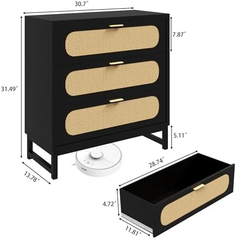 LLBIULife 3 Drawer Dresser  Modern Rattan Dresser Chest with 6 Drawers Accent  Cabinet Modern Bedside Table Golden Handles for Living Room  Bedroom  Entryway (Nature - 2 Pcs)