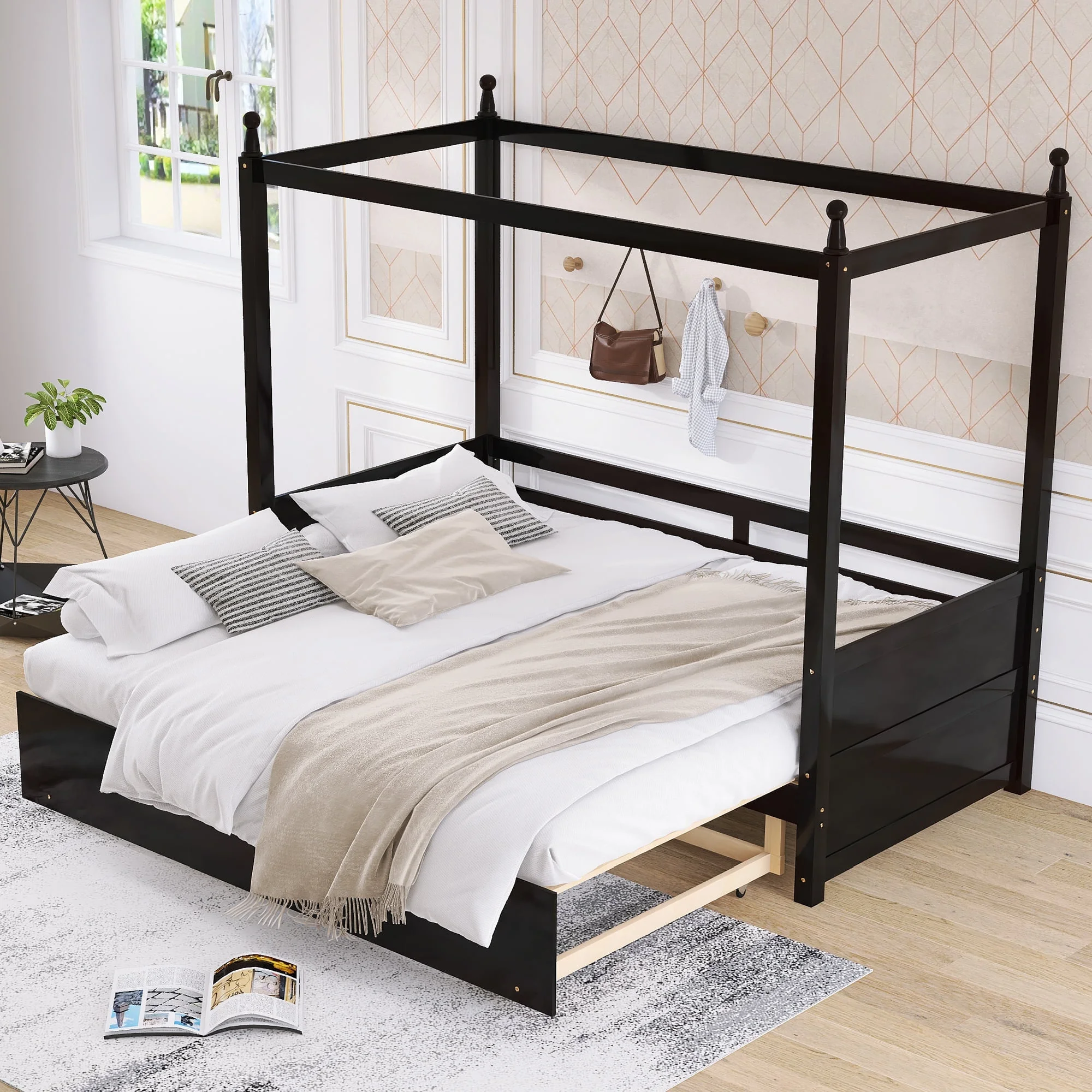 Espresso Pine Modern Bed Frame Double Size Canopy Sofa Bed Pull Out Platform Bed Multifunctional Double Sofa Bed Wood Slats Support Living Room Bedroom