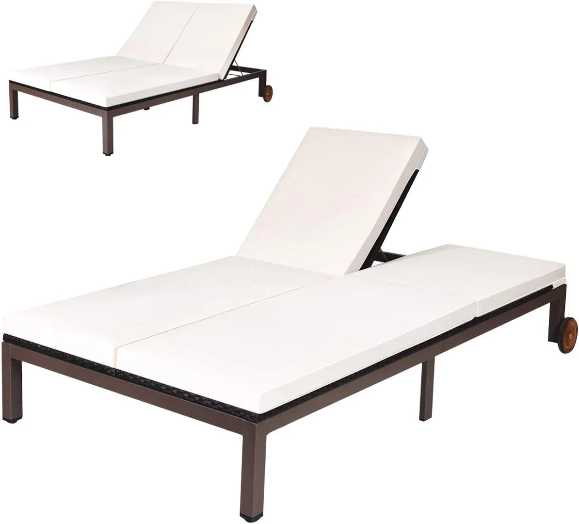 2-Person Patio Lounge Chair, Outdoor Rattan Double Wicker Daybed Chaise with Adjustable Backrest Wheels & Cushion, Loveseat Sofa for Garden Lawn Backyard (Cream)