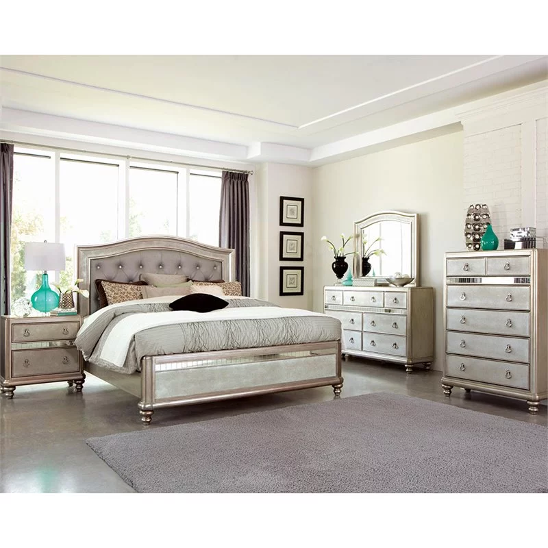 Bowery Hill Contemporary Wood Tufted California King Panel Bed in Silver
