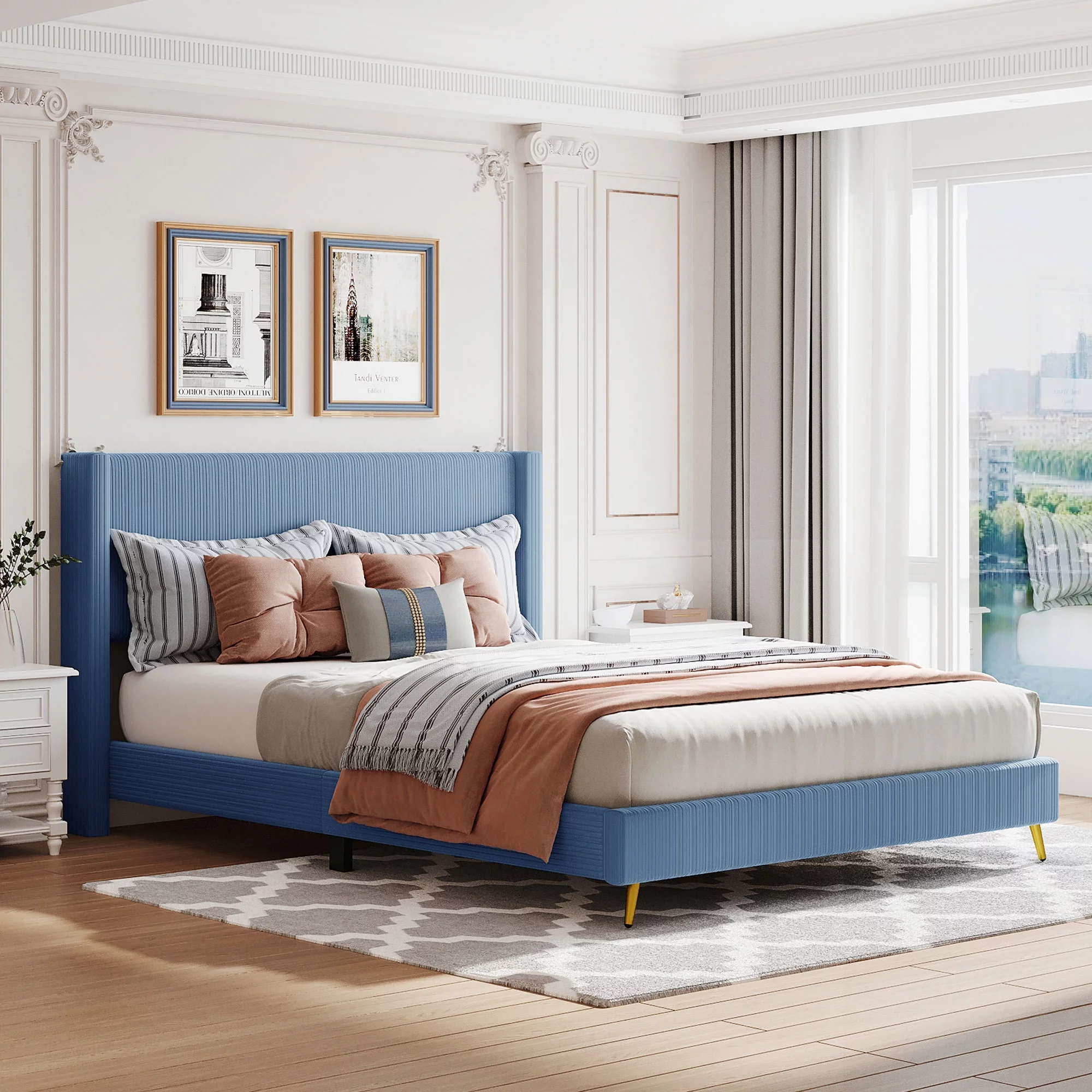 Gewnee Queen Size Corduroy Upholstered Platform Bed Frame with Wingback Headboard and Metal Legs,Blue