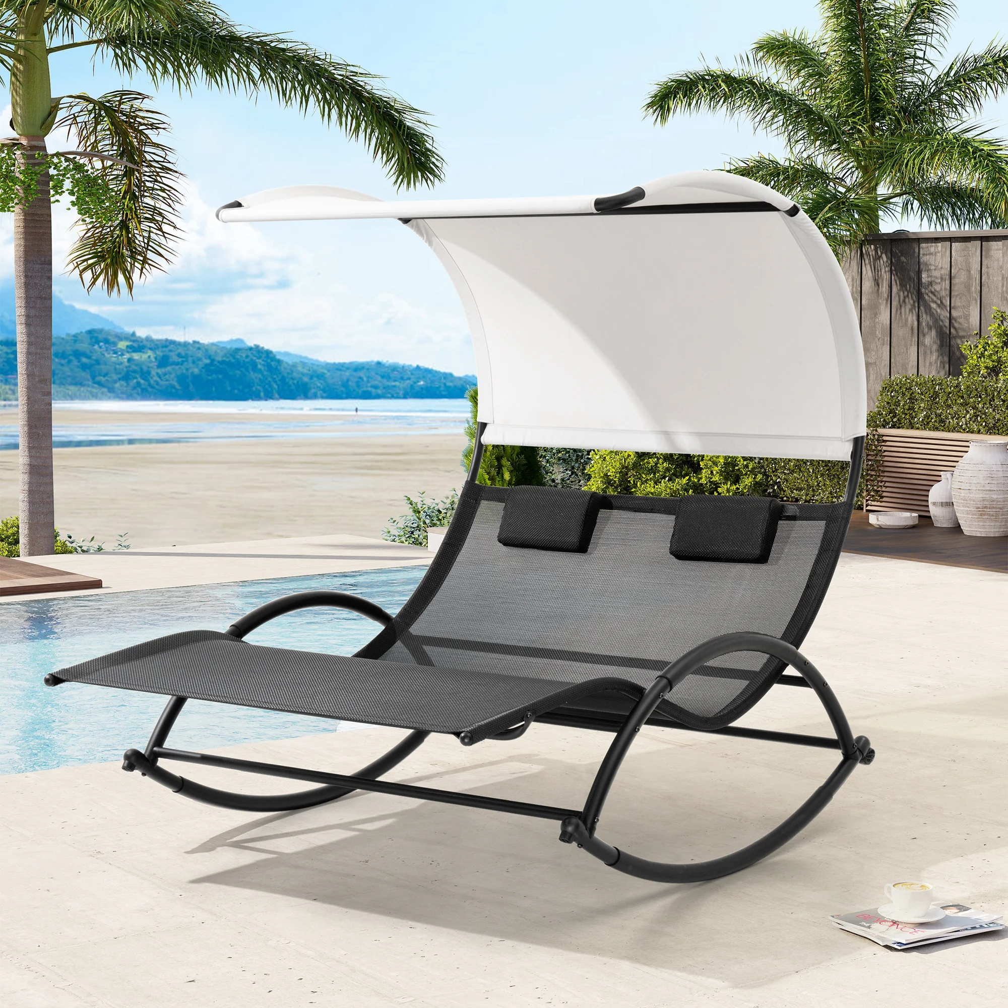 Crestlive Products Outdoor Double Chaise Lounge with Shade Patio Metal Rocking Chair, Black