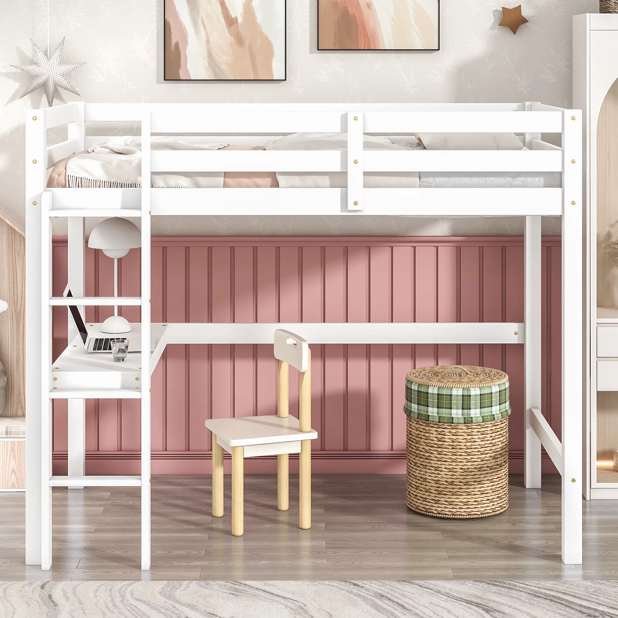 Gewnee Pine Wood Twin Size Loft Bed with Built-in Desk and Ladder for Kids Room,White