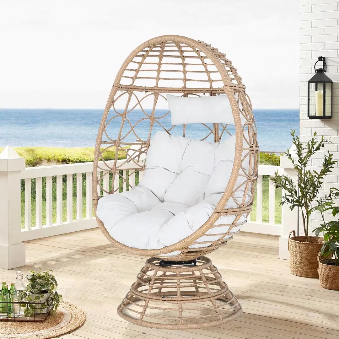 Ulax Furniture Outdoor All-weather Rattan Swivel Egg Chair Indoor Wicker Lounger with Cushions for Patio, Backyard, Living Room, Off-White