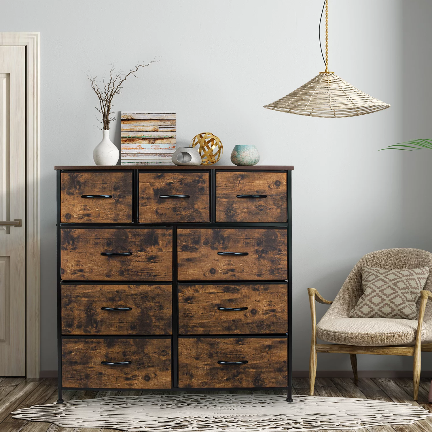 Cerbior Fabric Dresser with 9 Drawers - Furniture Storage Tower Unit for Bedroom, Hallway, Closet, Office Organization, End Table Dresser - Steel Frame, Wood Top