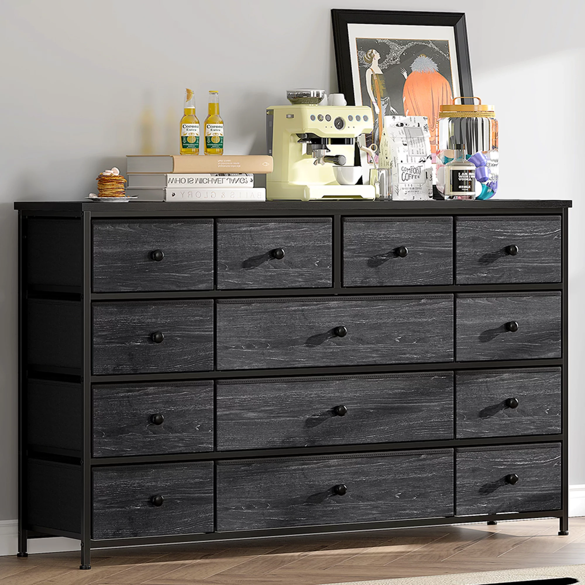 EnHomee Black Dresser for Bedroom TV Stand Long Dresser with 13 Drawers Wide Dresser & Chest of Drawers Fabric Storage Dresser Organizer for Bedroom Living Room Closet Entryway