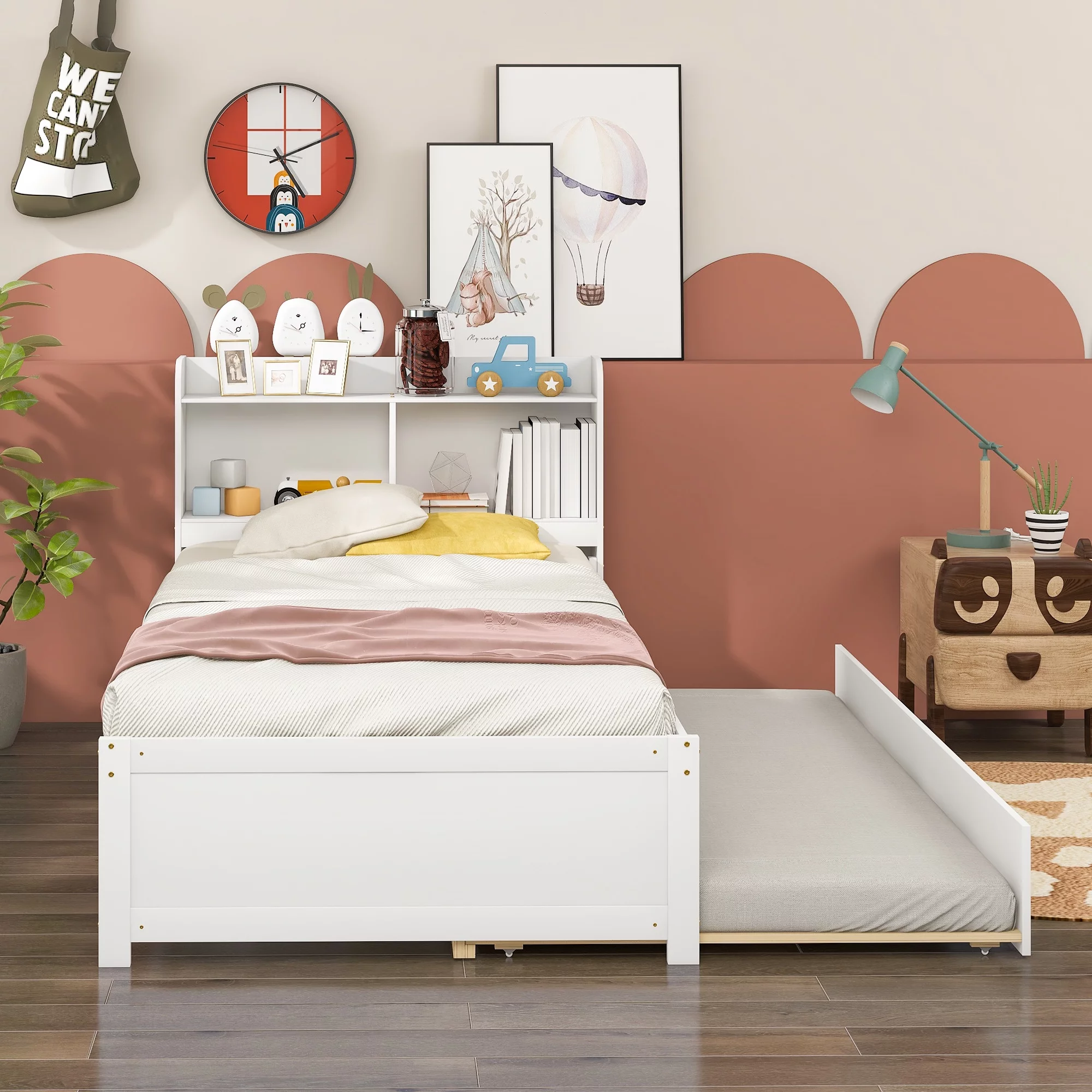 Dcenta Twin Bed with Trundle,Bookcase,White