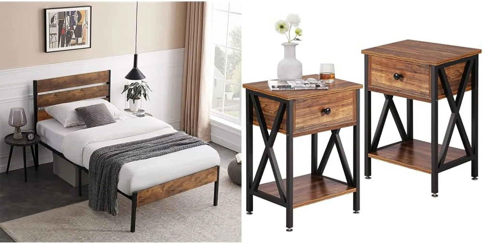 OUWI Platform Twin Bed Frame with Rustic Vintage Wood Headboard and Footboard Modern Versatile Nightstands X-Design Side End Table Night Stand Storage Shelf with Bin Drawer